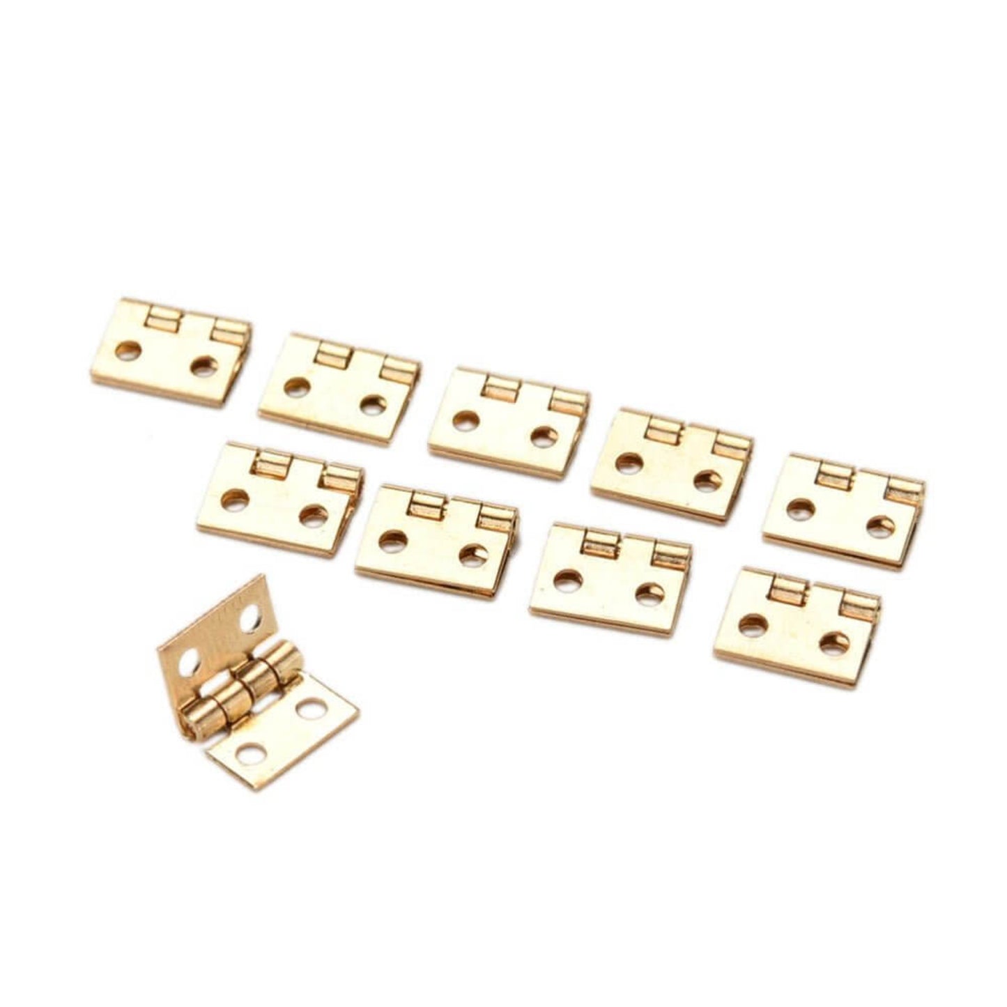 A set of 20 mini cabinet and drawer hinges in copper gold, each with 4 small holes, for crafts and DIY projects.