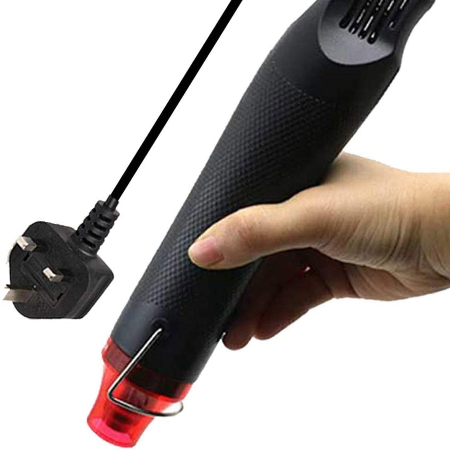 Mini heat gun in hand, 300W hot air tool with power plug for DIY crafts and hobbies.