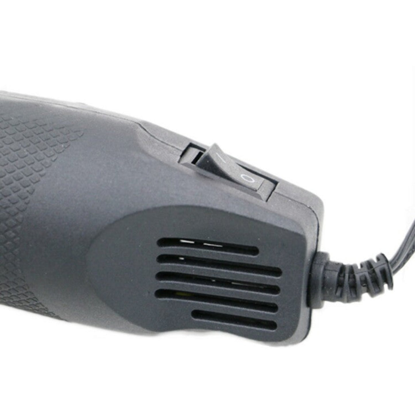 Close-up view of the Mini Heat Gun's control switch and textured grip for enhanced handling.