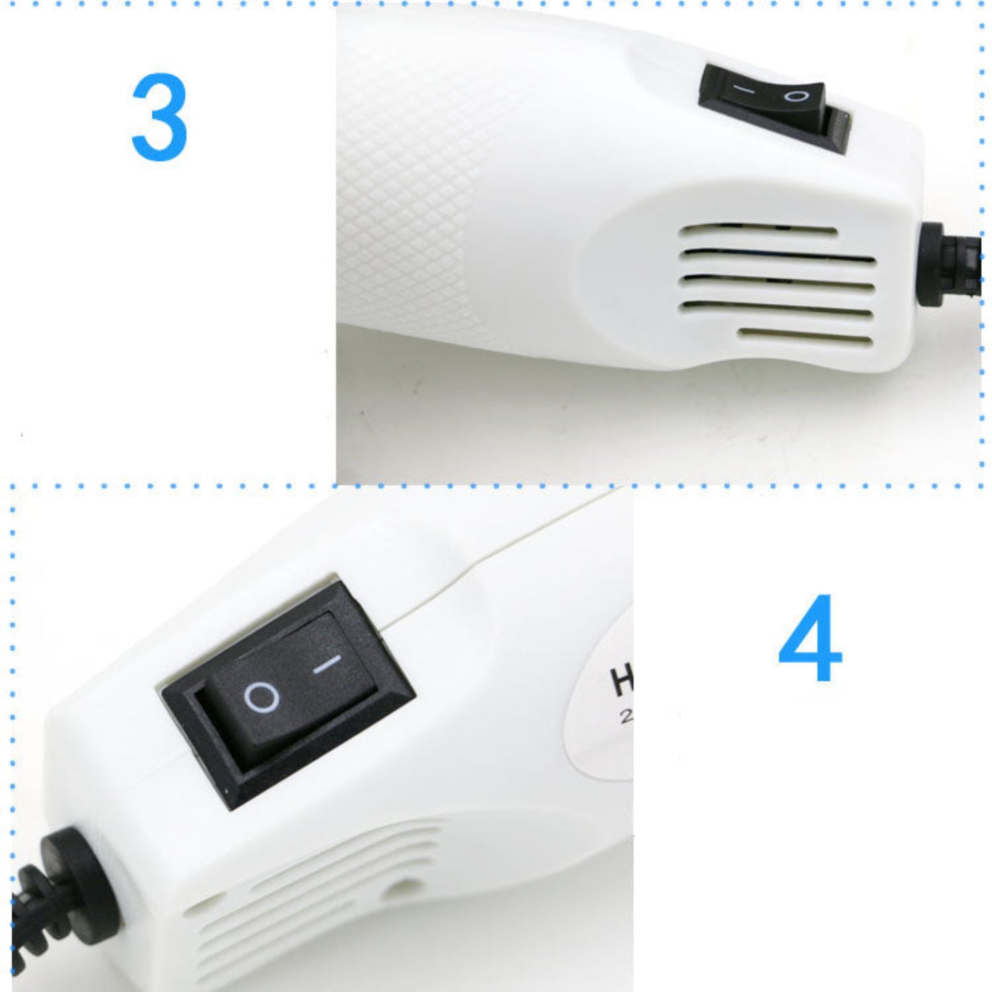 Close-up of Mini Heat Gun controls, showcasing the on/off switch and ergonomic design for easy handling.