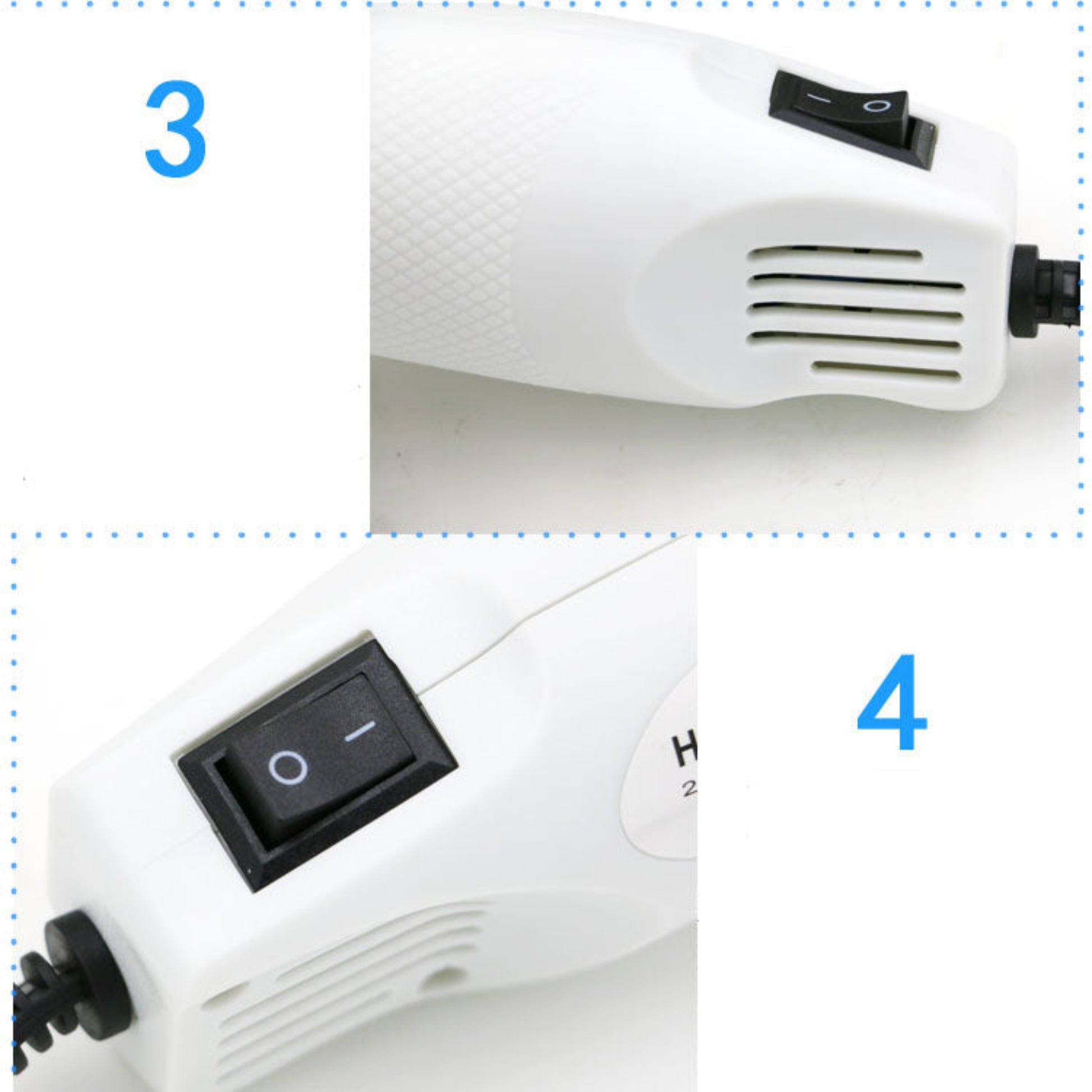 Close-up of Mini Heat Gun controls, showcasing the on/off switch and ergonomic design for easy handling.