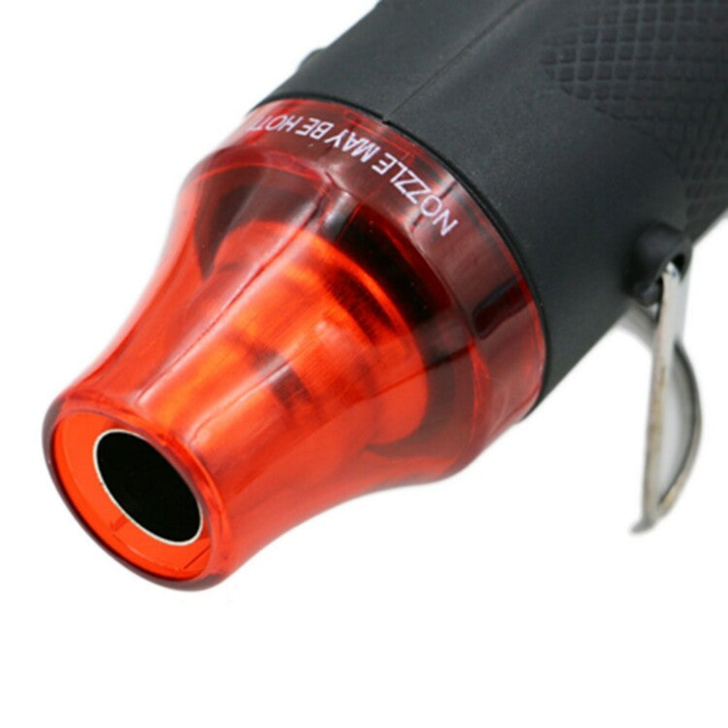 Close-up of the nozzle of a Mini Heat Gun, showcasing its red tip and ergonomic design for DIY crafts.