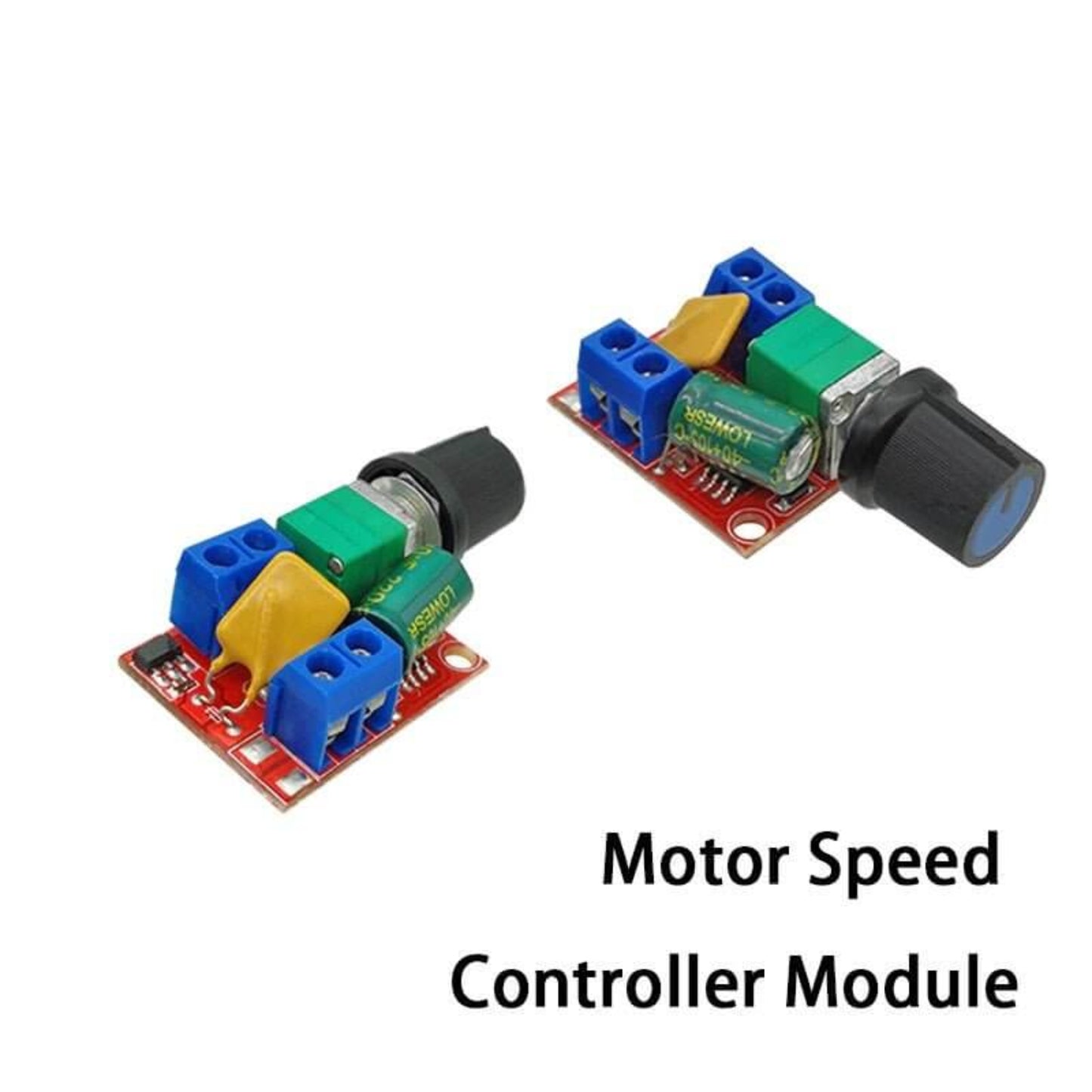 Front view of the 5-35V 5A mini DC motor speed controller showing the rotary knob and blue terminal blocks.