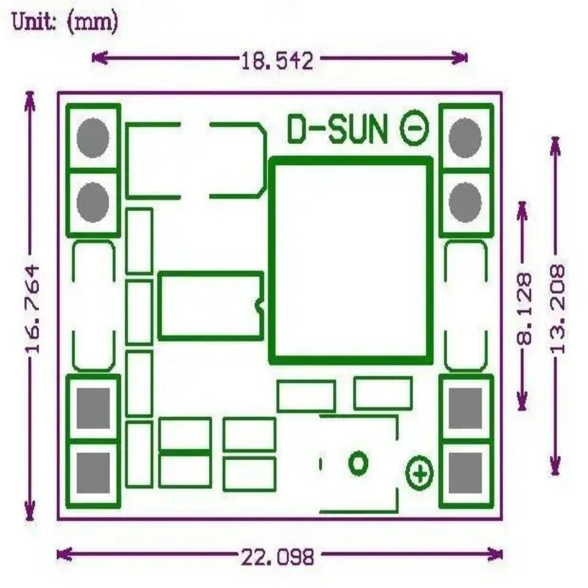 Schematic diagram of D-SUN DC-DC Step Down module dimensions 22mm x 17mm with labeled measurements.