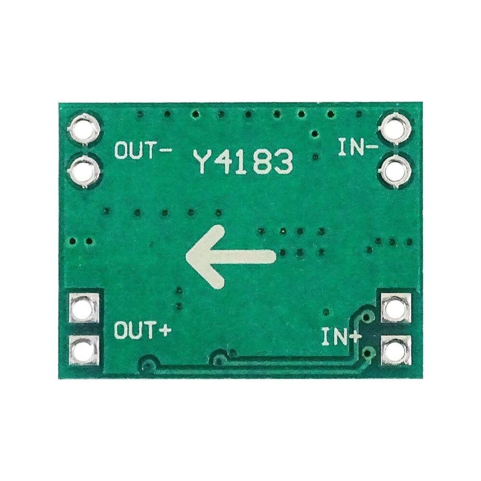 DC to DC step-down module circuit board with input and output terminals labeled, compact design for power supply applications.