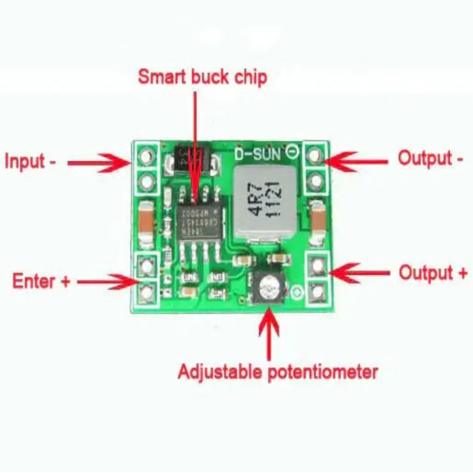 DC to DC Step Down power supply module with adjustable potentiometer and input/output labels.
