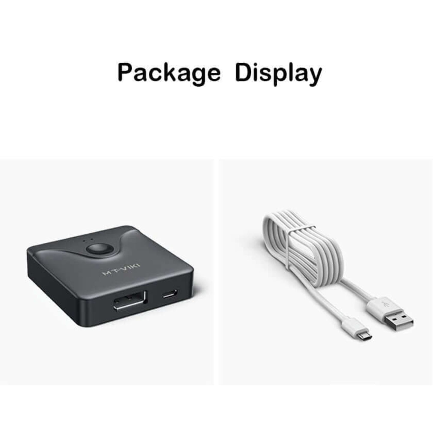 MT-VIKI DP121 package display including the switch unit and micro USB power cable.