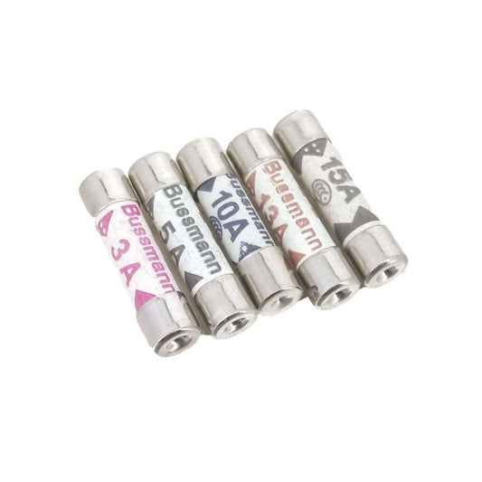 Assorted ceramic cartridge fuses (3A-15A, 250V) in a 10-piece set for electrical circuit and appliance needs.