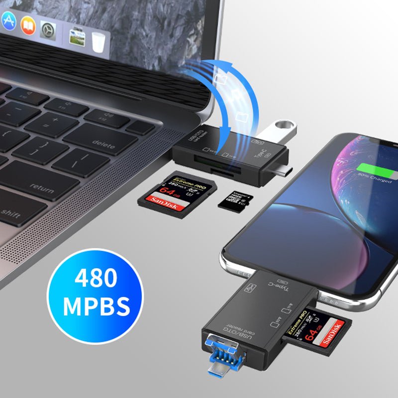 6-in-1 USB-C Micro USB SD/TF card reader connected to laptop and smartphone, transferring data at 480 MBPS.