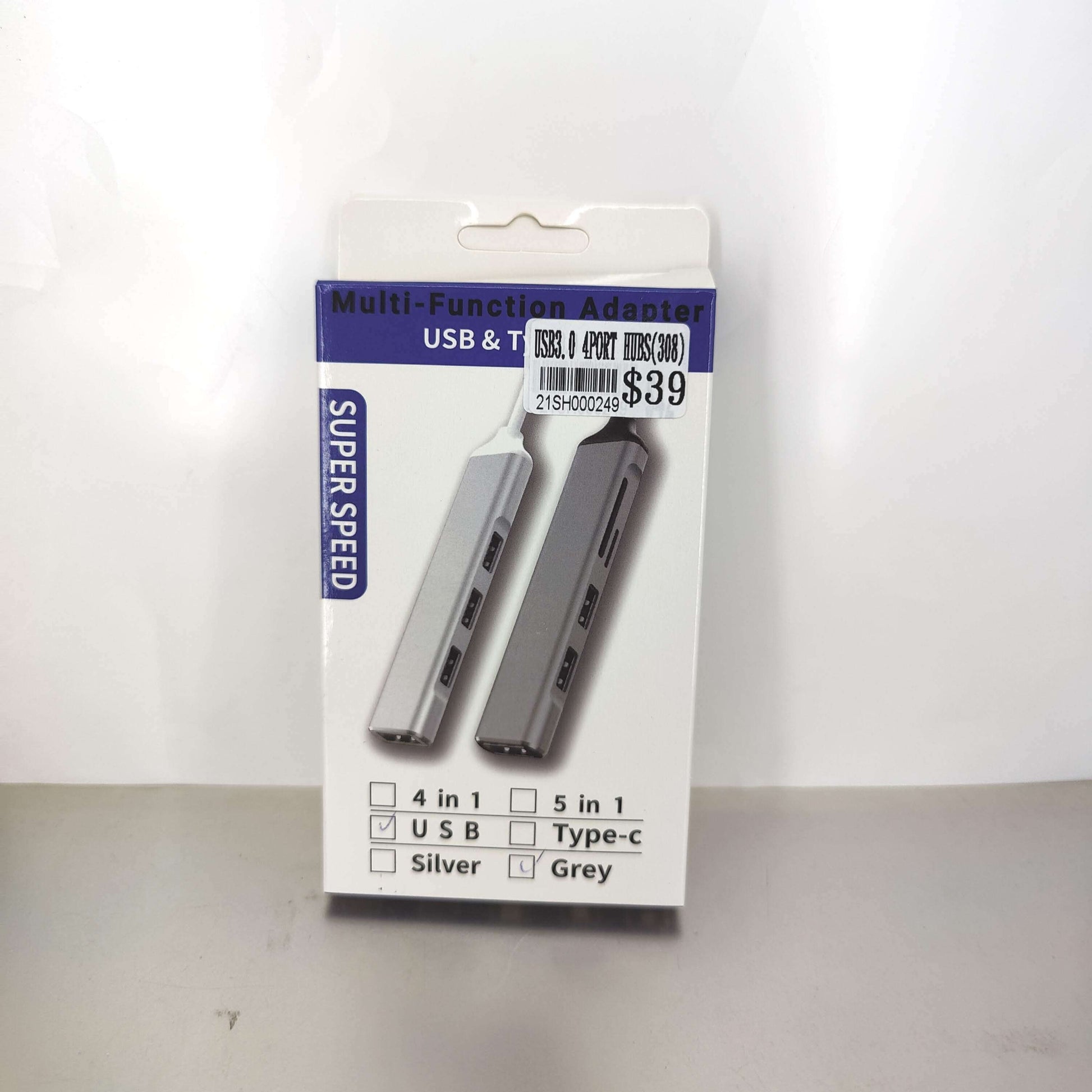 Multi-function USB adapter in silver and grey, featuring 4-in-1 and 5-in-1 capabilities, displayed on a product card.