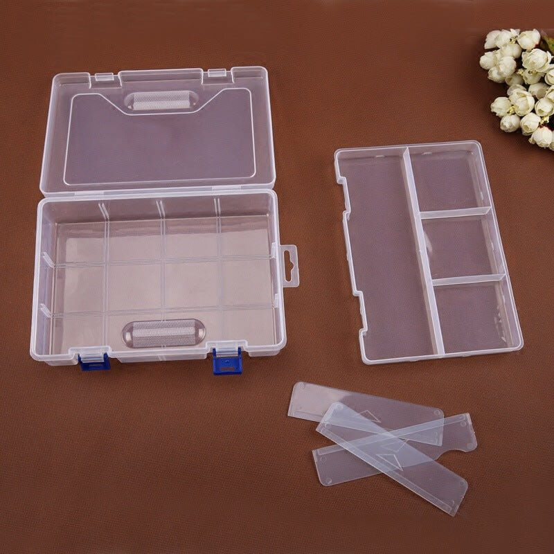 Double-layer transparent plastic storage box with removable grid for organizing small parts and jewelry.