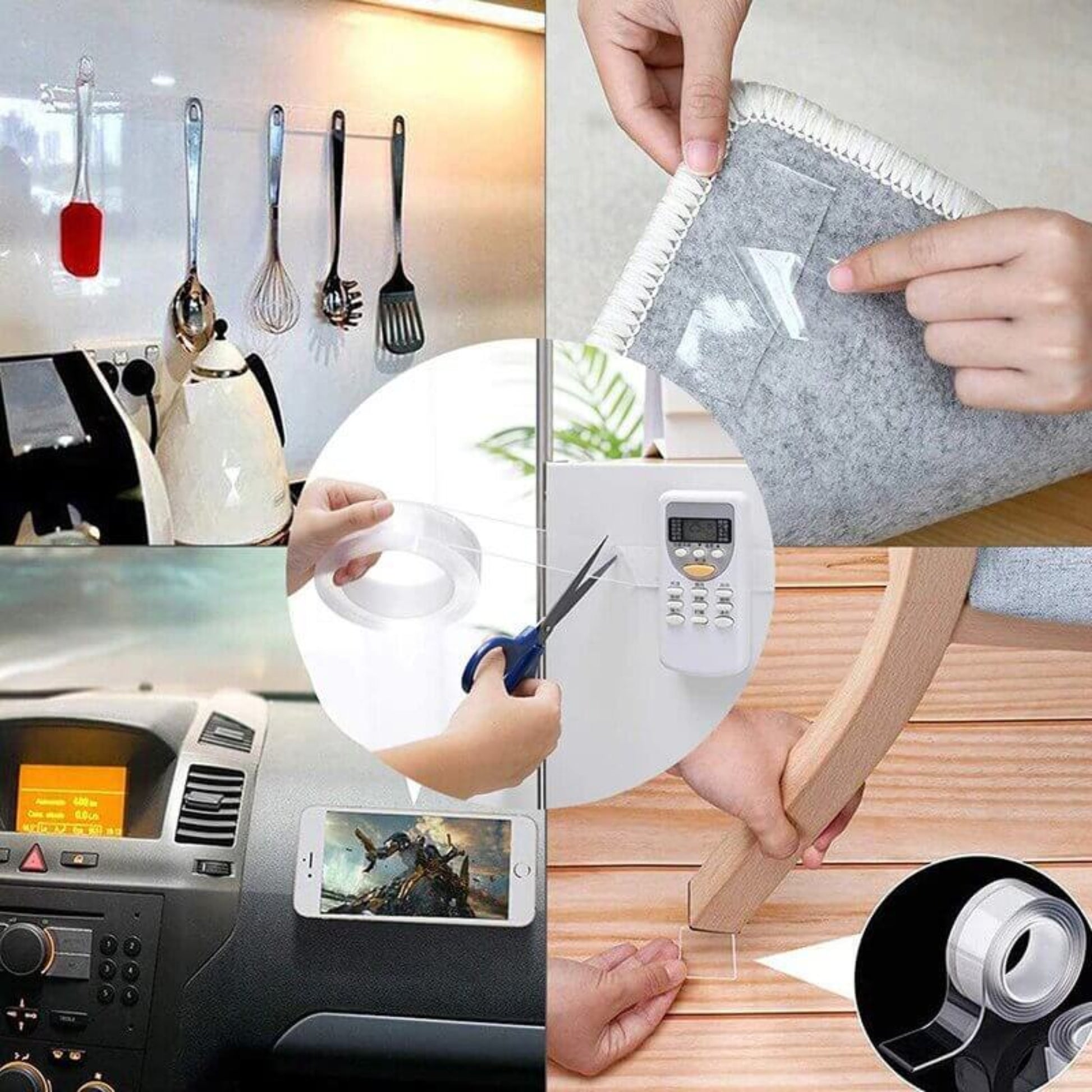 Collage of using Reusable Nano Adhesive Tape in various settings: home organization, car mount, and crafting.