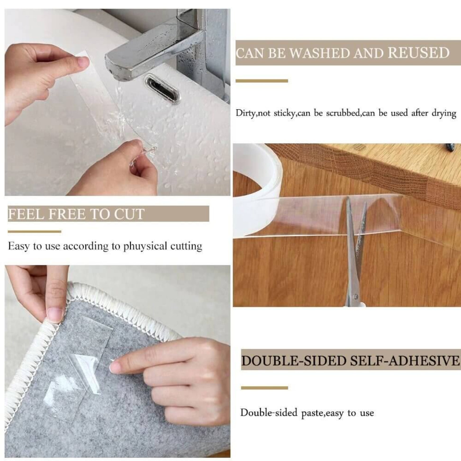 Hands demonstrating cutting and washing reusable double-sided nano adhesive tape, showcasing its versatility and ease of use.