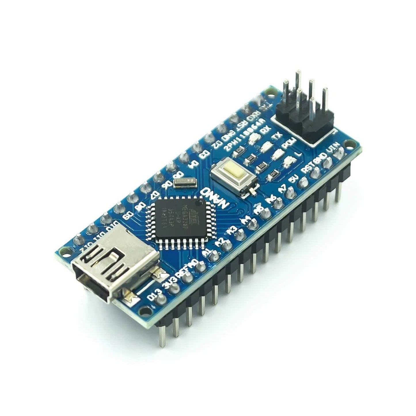 Nano V3.0 ATmega328P microcontroller board with CH340G USB for electronics projects.