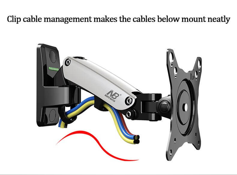 NB F120 gas spring wall mount showcasing efficient clip cable management for a tidy setup.