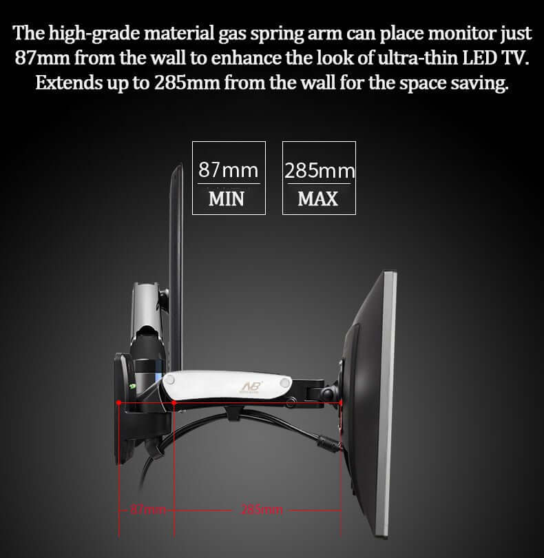 Gas spring wall mount showcasing adjustable arm extending 87mm to 285mm for optimal monitor placement and space saving.