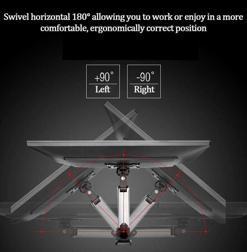 Illustration of a swivel monitor mount demonstrating 180° horizontal adjustment for ergonomic positioning.