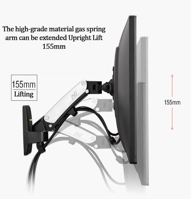 Gas spring arm wall mount with 155mm vertical lift for optimal monitor positioning and ergonomic viewing.