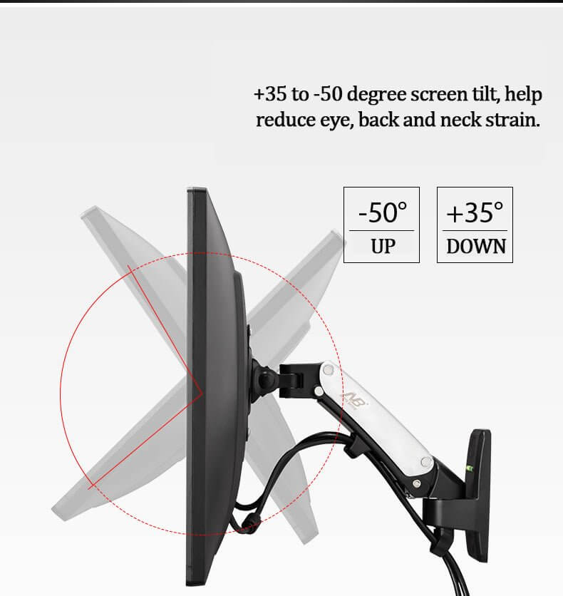 NB F120 monitor mount showing +35 to -50 degree tilt for ergonomic viewing and strain reduction.