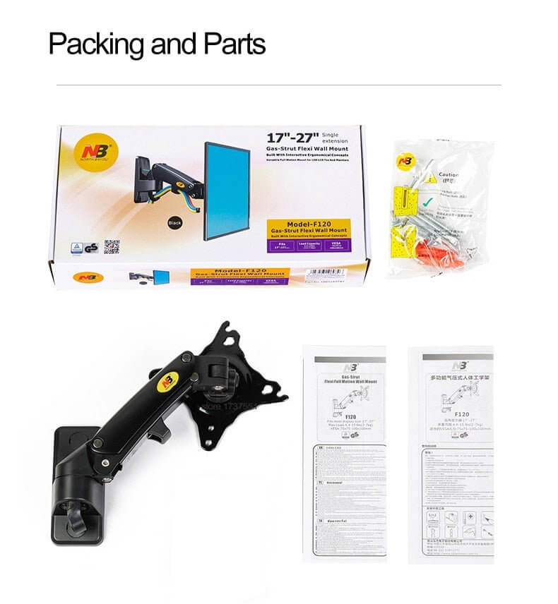 NB F120 gas spring wall mount with packaging, parts, and instructions for 17-27 inch monitors and TVs.
