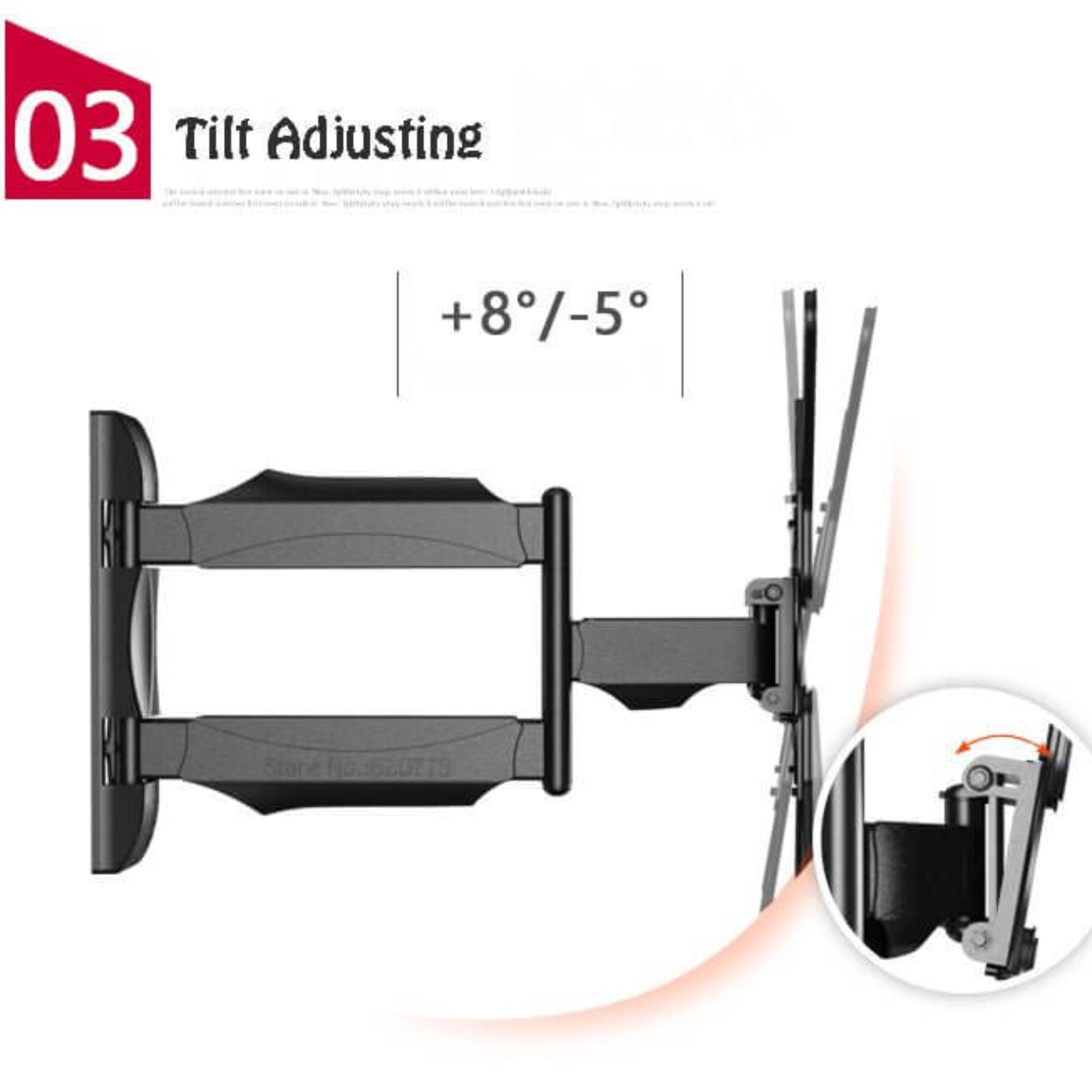 Tilt adjustment feature of a full motion TV wall mount allowing +8° to -5° for optimal viewing angles.