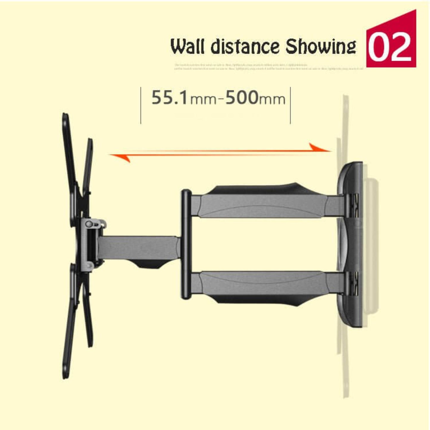 Image showing wall distance adjustment for TV wall mount, ranging from 55.1mm to 500mm.