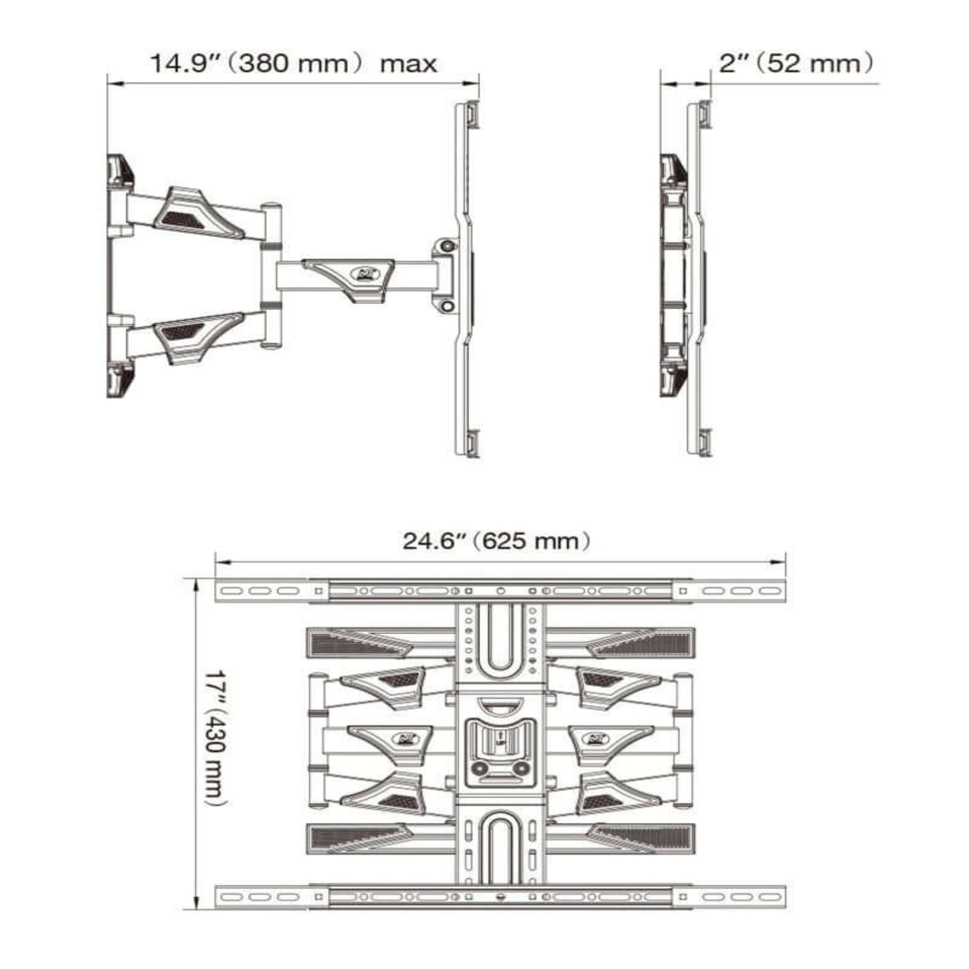 NB P6 Full Motion Cantilever TV Wall Mount technical dimensions diagram, showing max reach and installation details.