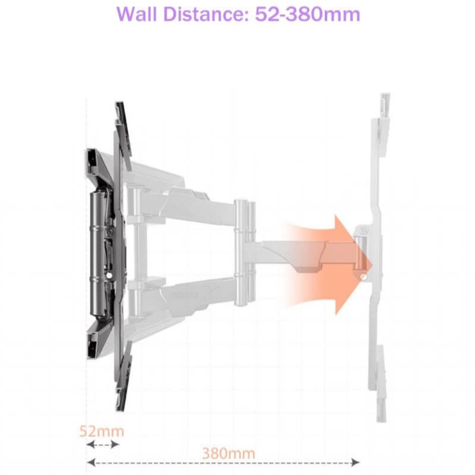 Diagram showing wall distance range of 52-380mm for NB P6 Full Motion TV Wall Mount.