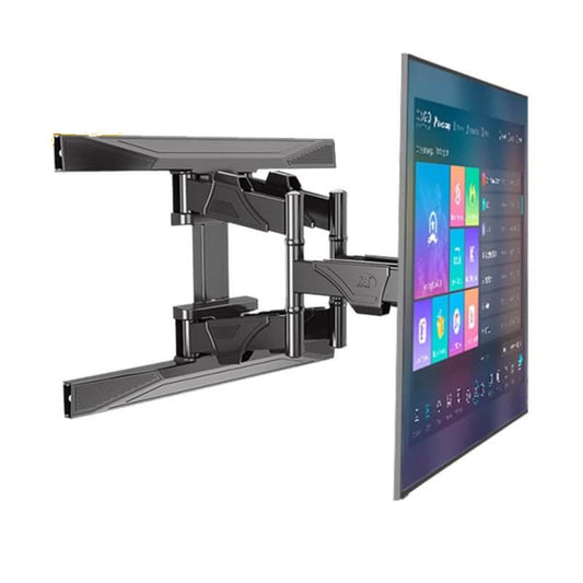 NB P6 Full Motion Cantilever TV Wall Mount displayed with a TV, showcasing its adjustable features for optimal viewing angles.