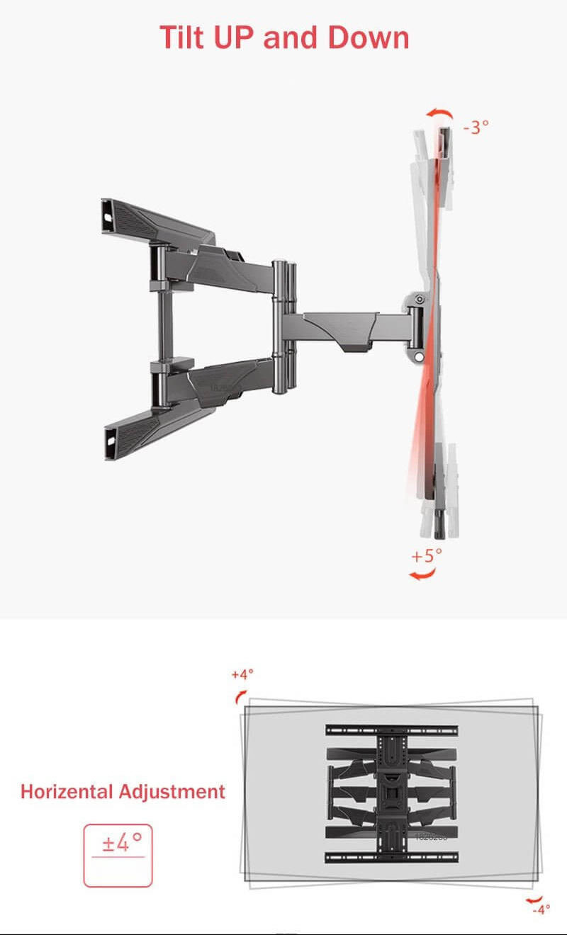 NB P6 TV wall mount features tilt up/down and horizontal adjustment for optimal viewing angles.