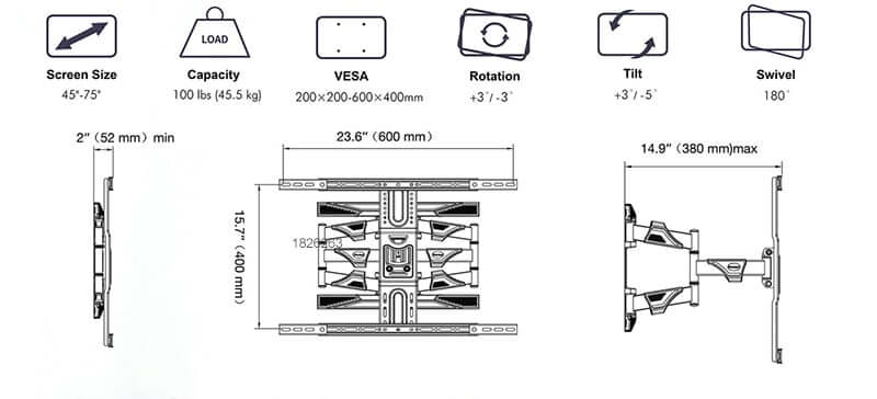 Diagram of NB P6 Full Motion Cantilever TV Wall Mount specifications, suitable for 45-75" screens, showing dimensions and features.