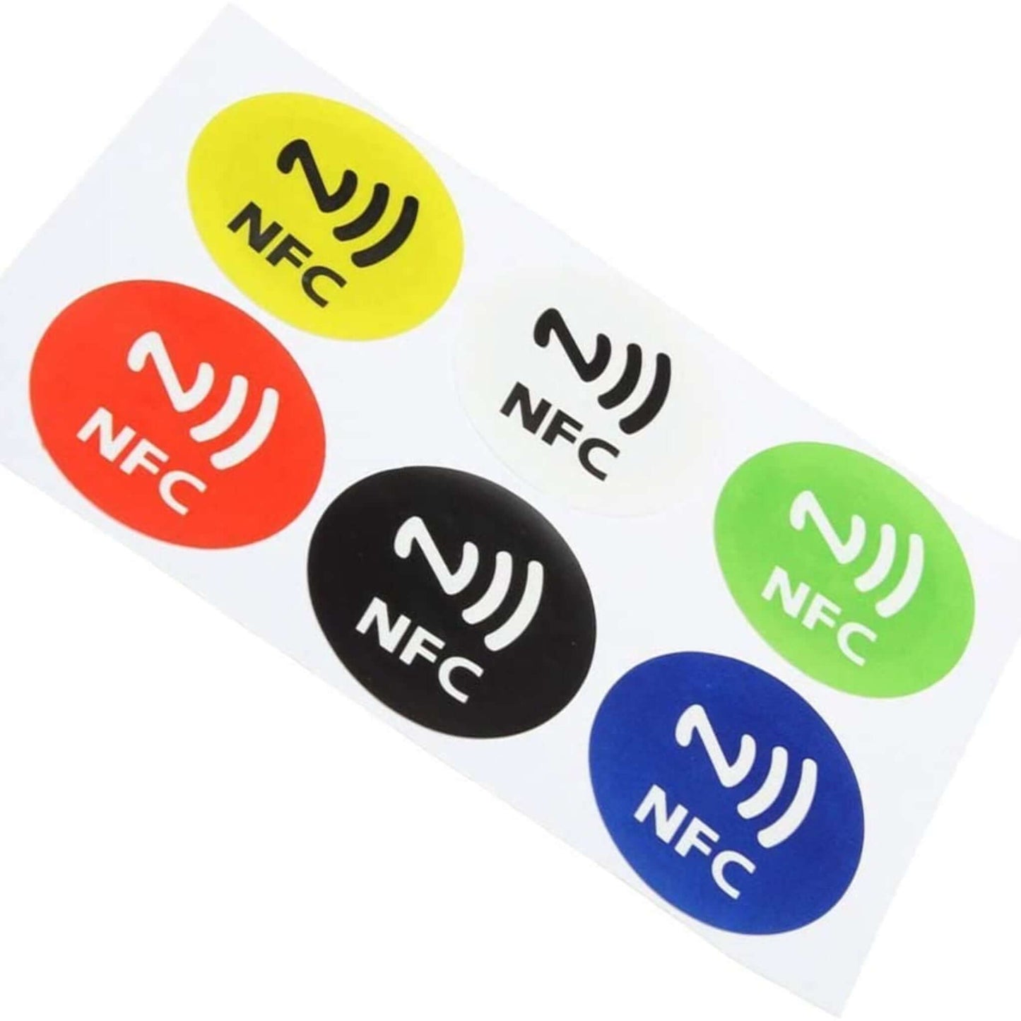 Set of multicolored NTAG213 NFC stickers featuring the NFC symbol on a white sheet.