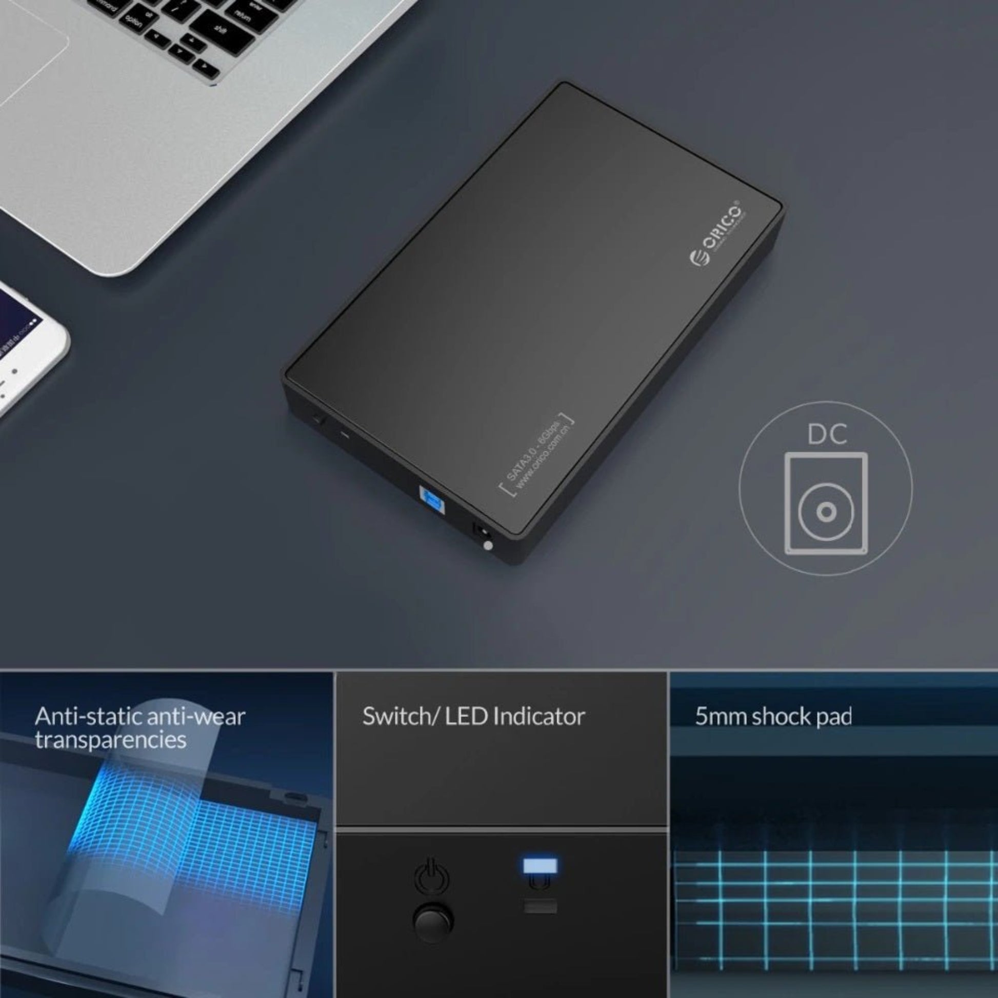 ORICO 3588US3 3.5-inch SATA HDD enclosure with tool-free design, LED indicator, and shock-resistant features.