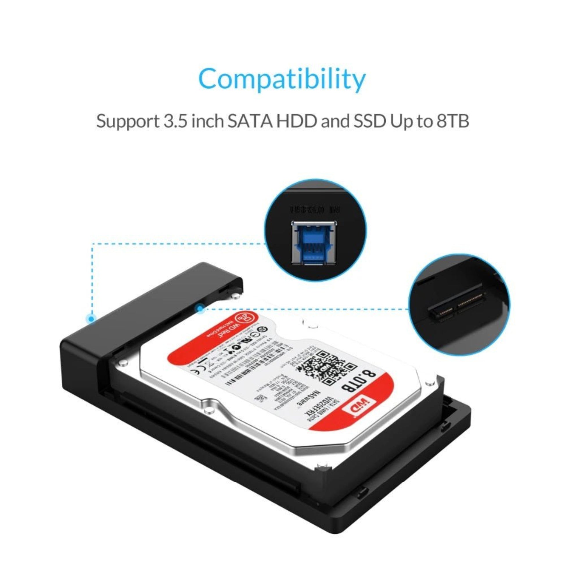 ORICO 3588US3 HDD enclosure supporting 3.5-inch SATA HDD and SSD up to 8TB for seamless data transfer.