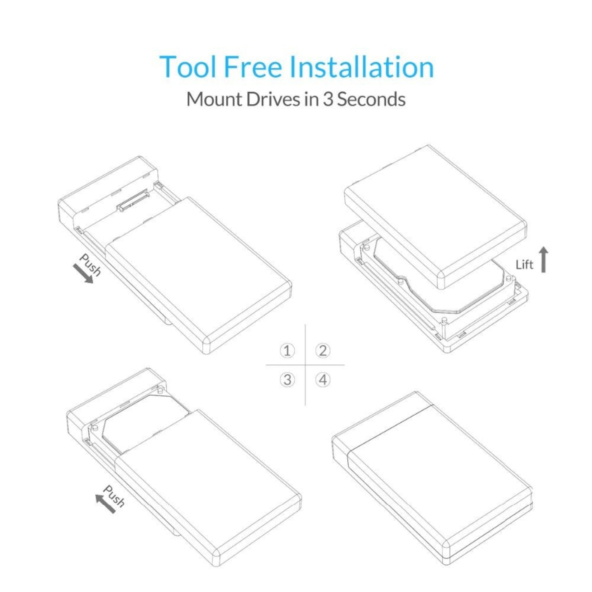 Illustration showing tool-free installation process for 3.5-inch SATA drives in the ORICO 3588US3 enclosure.