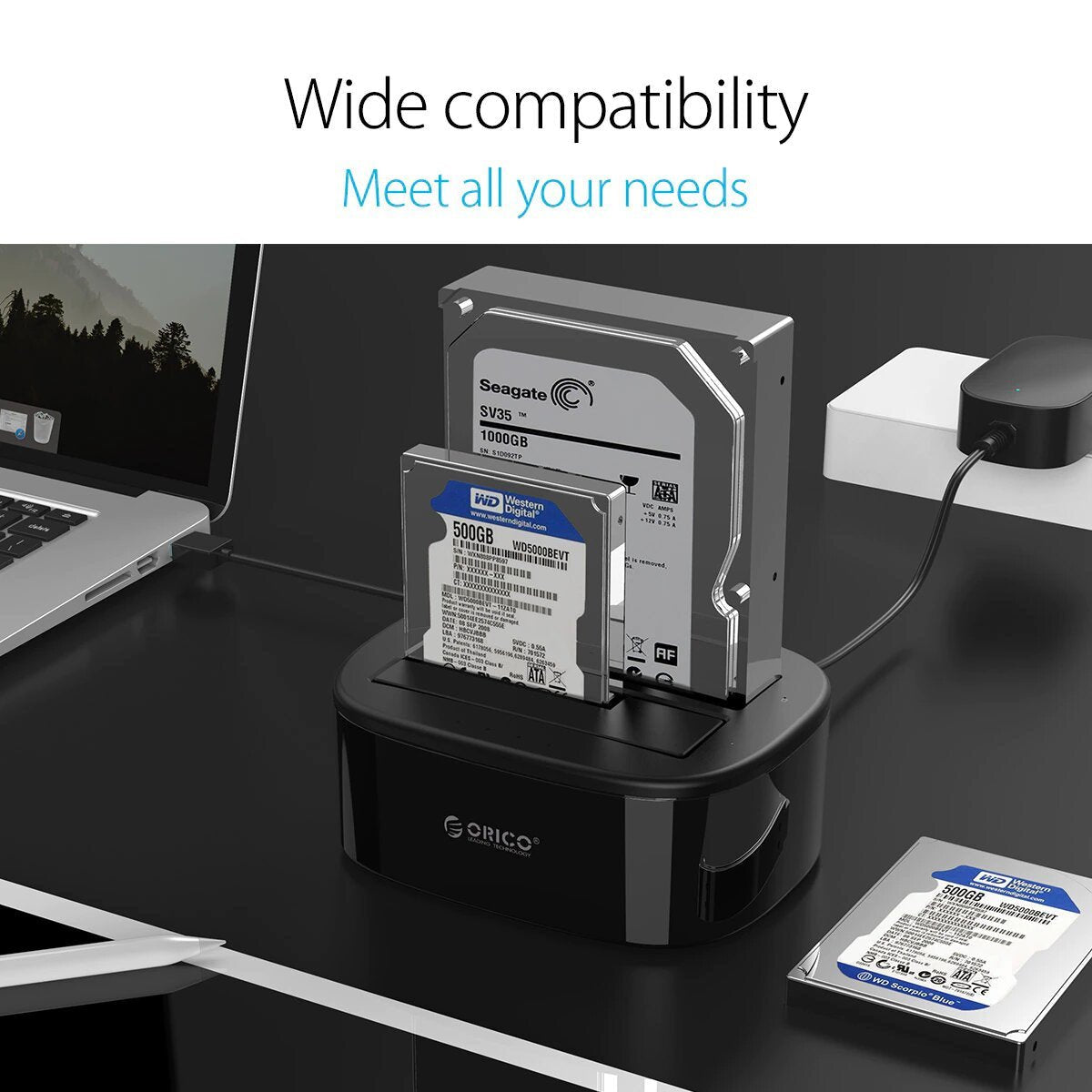 ORICO Dual Bay USB 3.0 Hard Drive Docking Station with HDDs connected for easy data management.