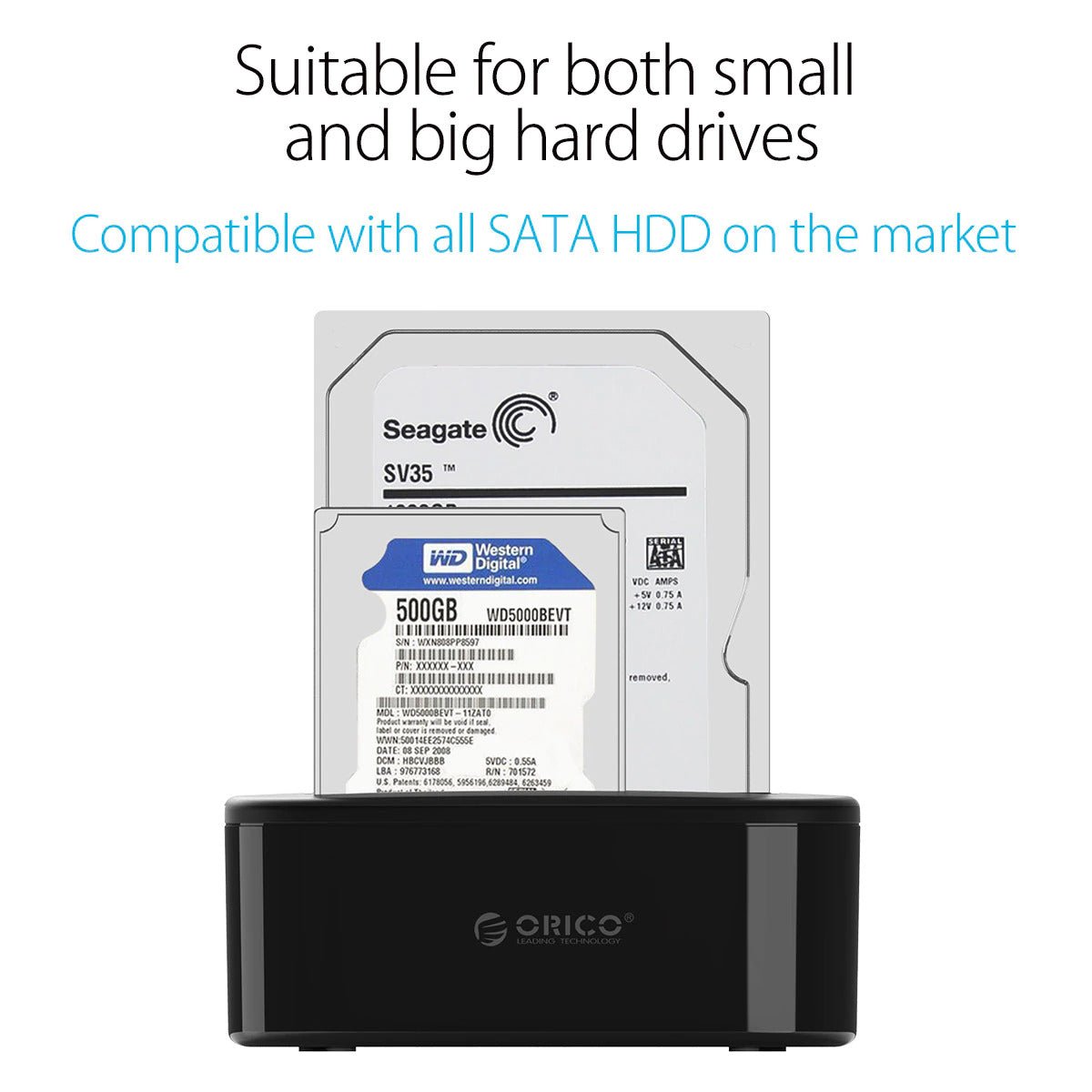 ORICO Dual Bay USB 3.0 Hard Drive Docking Station with SATA HDD compatibility for 2.5-inch and 3.5-inch drives.