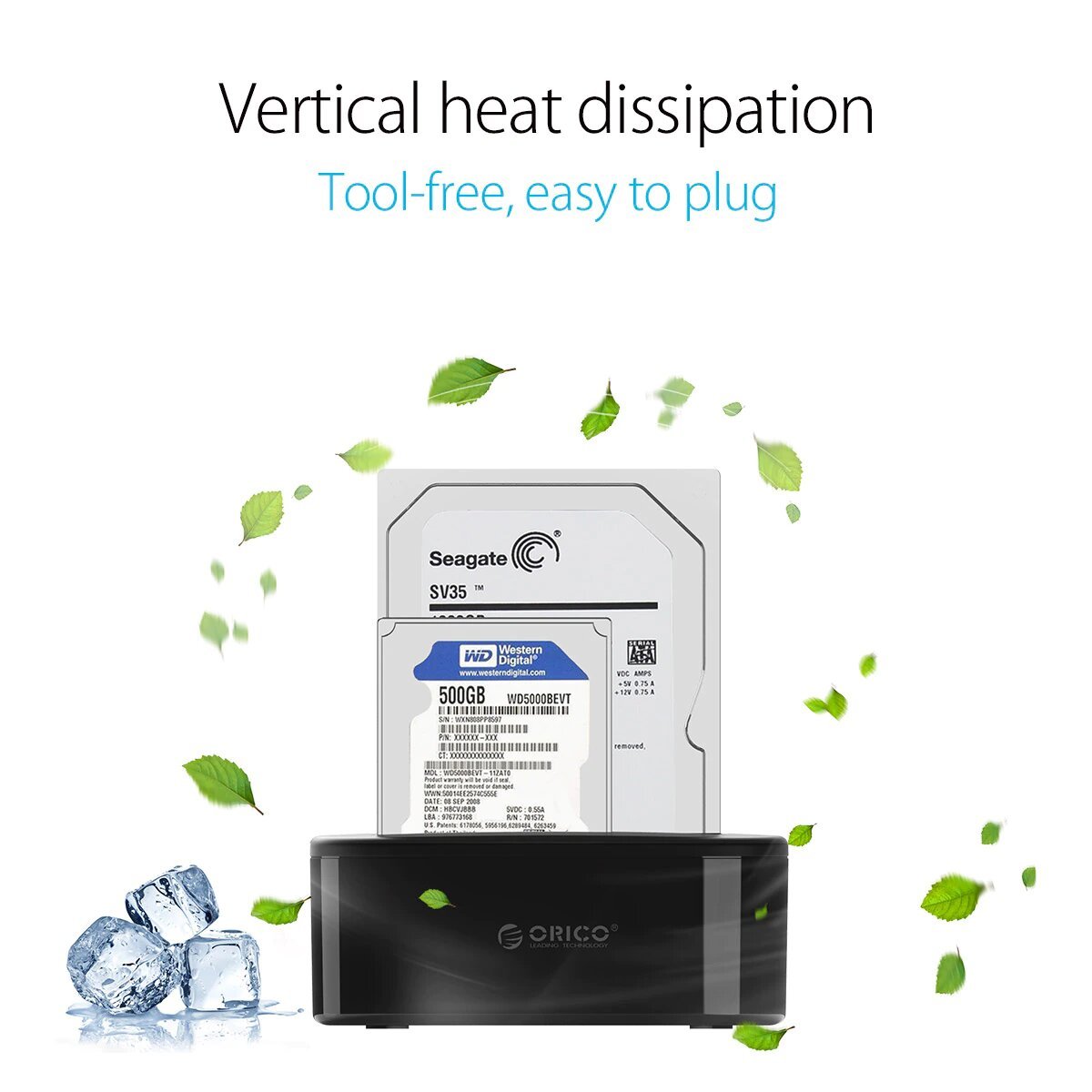 ORICO Dual Bay USB 3.0 Hard Drive Docking Station with vertical heat dissipation, designed for tool-free and easy drive access.