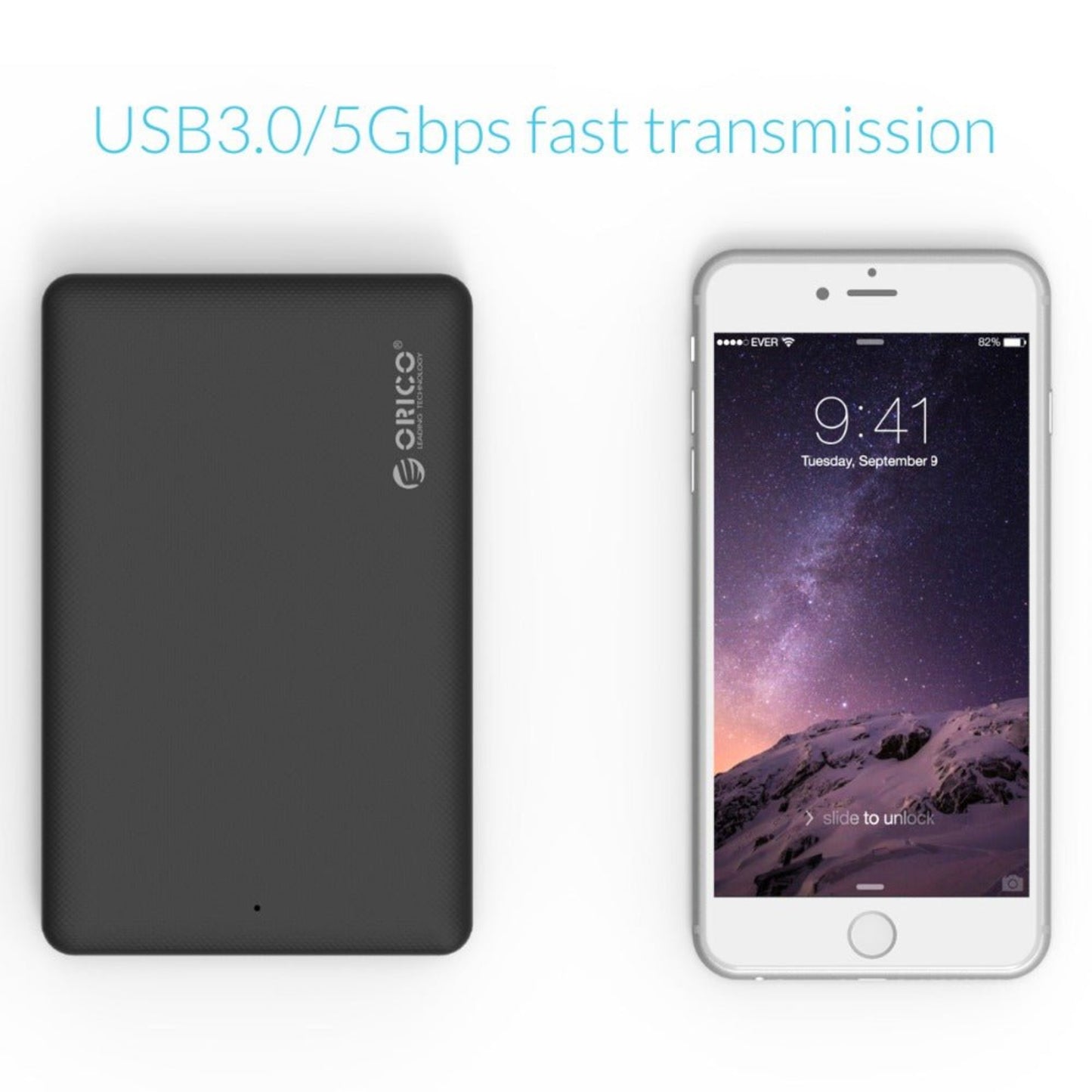 ORICO 2.5" USB 3.0 external HDD enclosure with fast 5Gbps data transmission next to smartphone.