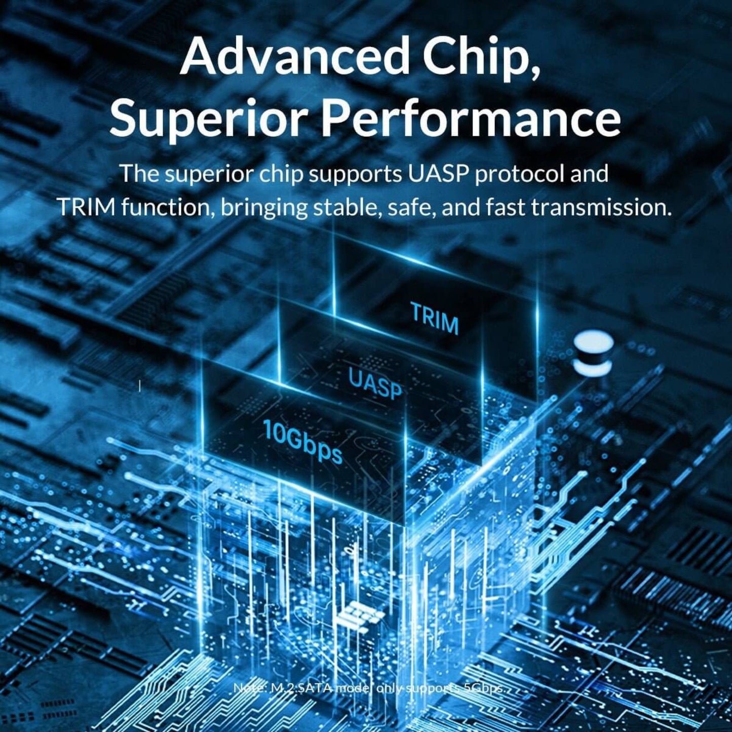 Graphic illustrating the advanced chip inside the ORICO M.2 enclosure, which supports UASP and TRIM for superior performance.