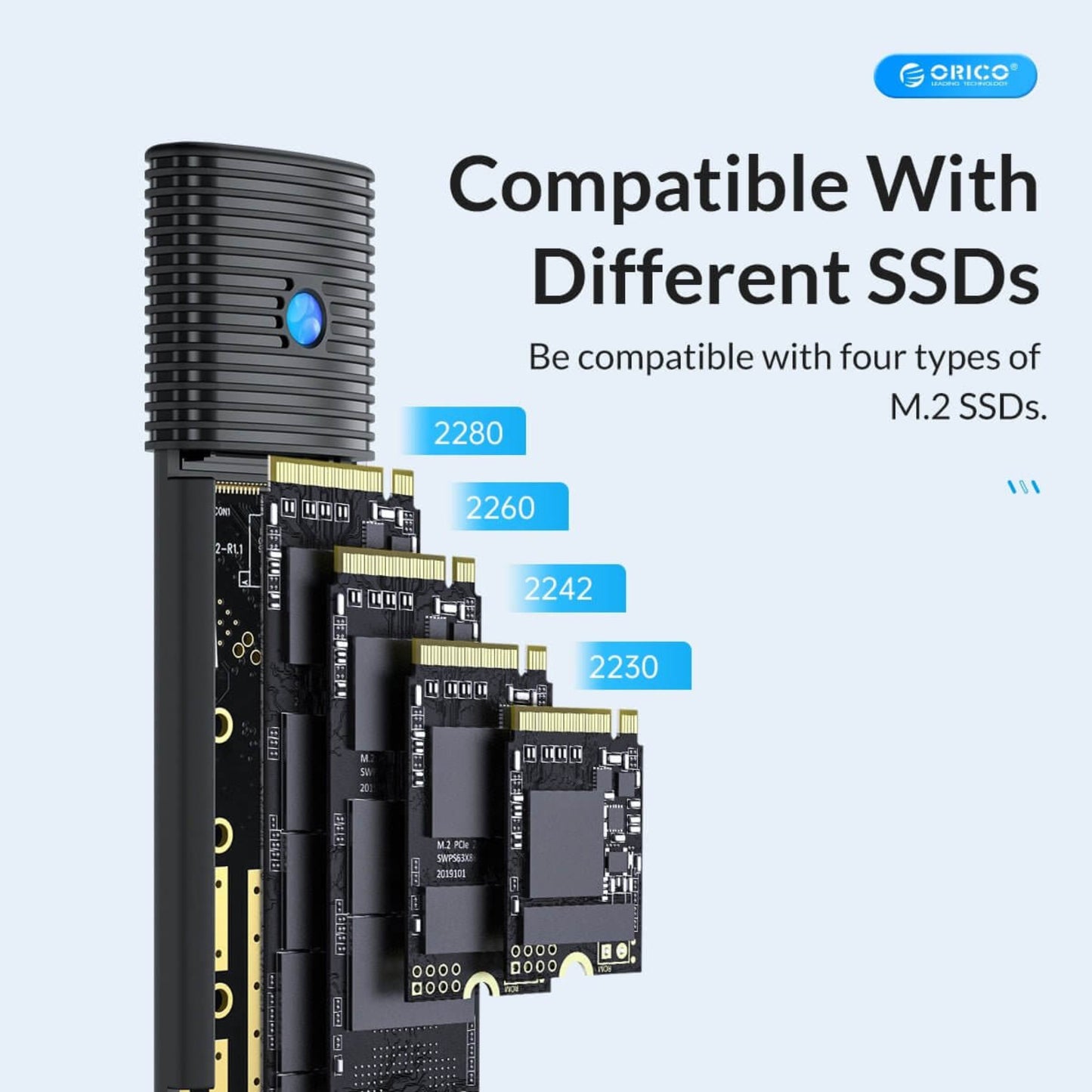 Illustration of the ORICO M.2 enclosure showing compatibility with M.2 SSD sizes 2230, 2242, 2260, and 2280.
