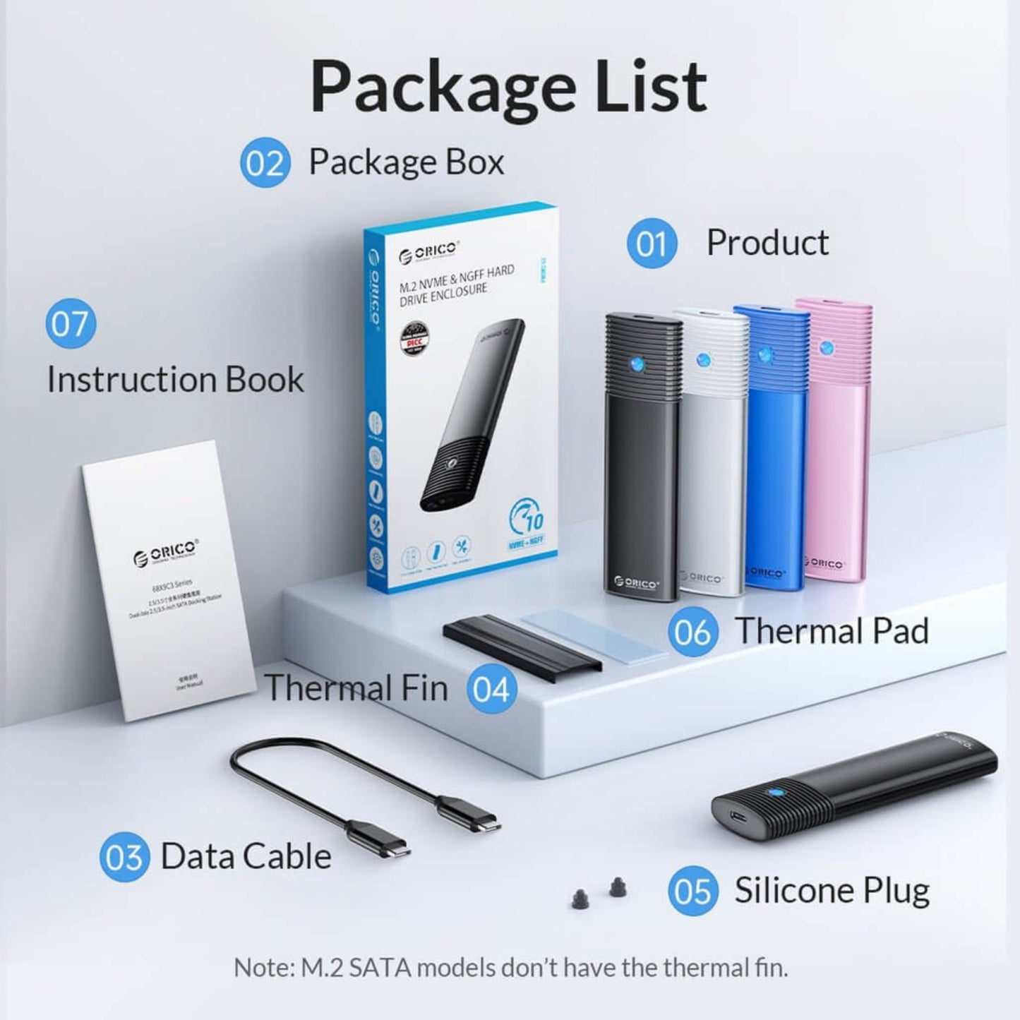 Package contents of the ORICO M.2 SSD enclosure, including the case, cable, thermal pads, and instruction book.