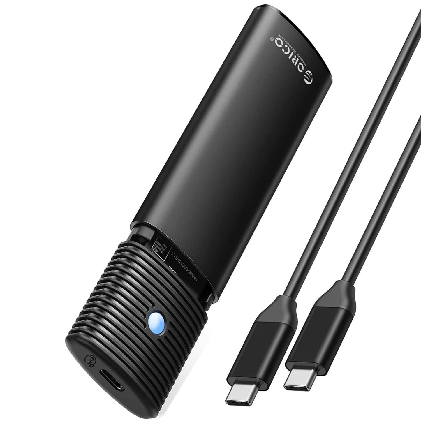 Black ORICO M.2 NVMe SATA SSD enclosure with its finned cooling head and included USB-C to USB-C data cable.