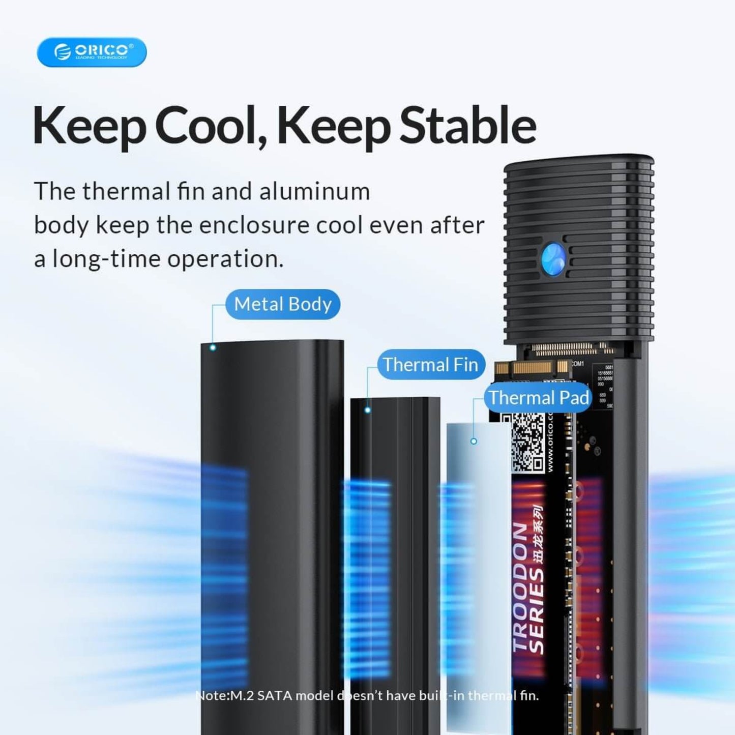 Exploded view of the ORICO M.2 enclosure's cooling system, showing the metal body, thermal fin, and thermal pad.
