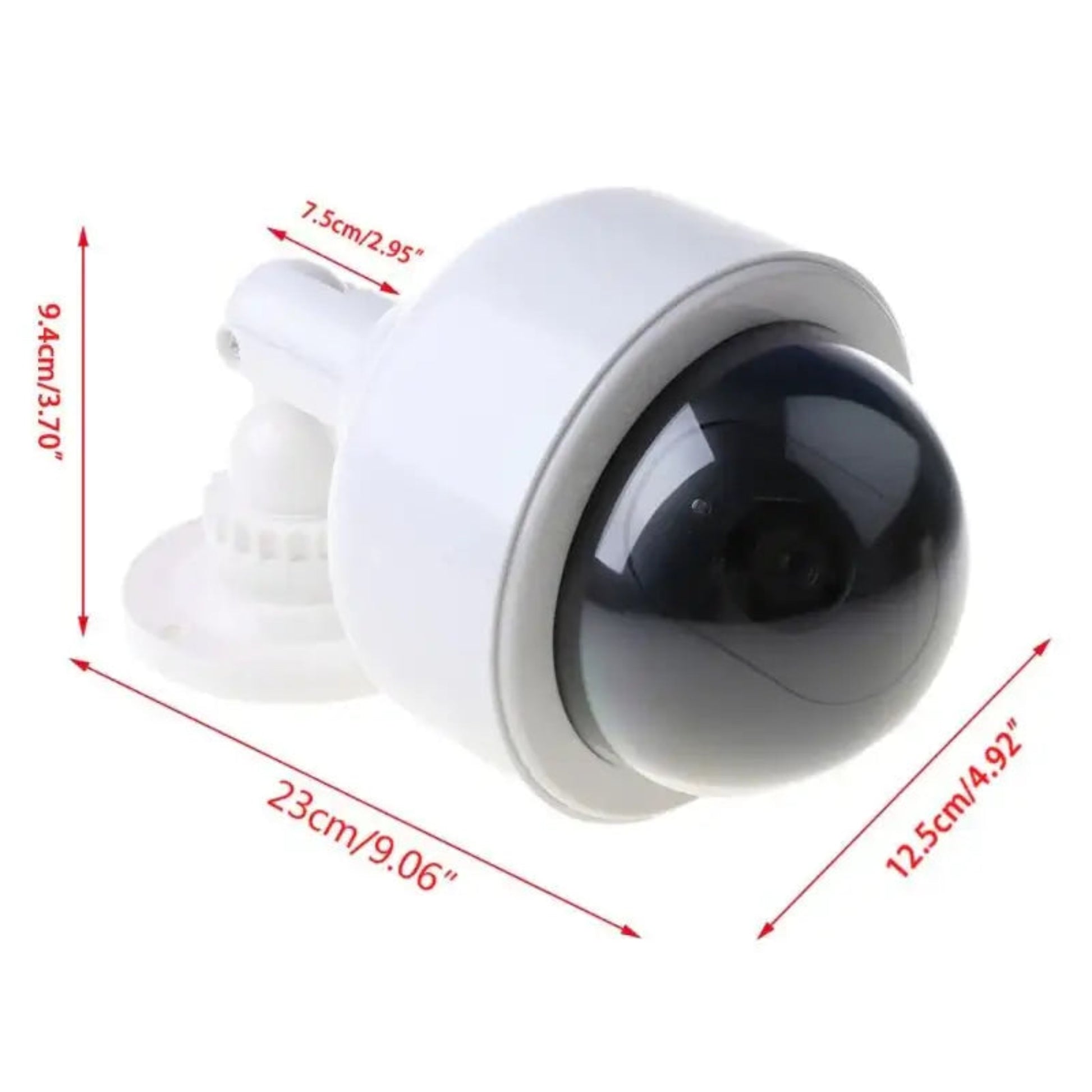 Dimensions of the waterproof outdoor dummy security camera: 23cm L x 12.5cm W x 9.4cm H.