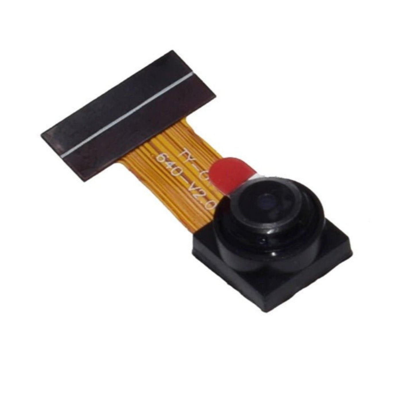 Close-up of the OV2640 camera module with its flexible ribbon cable connector.