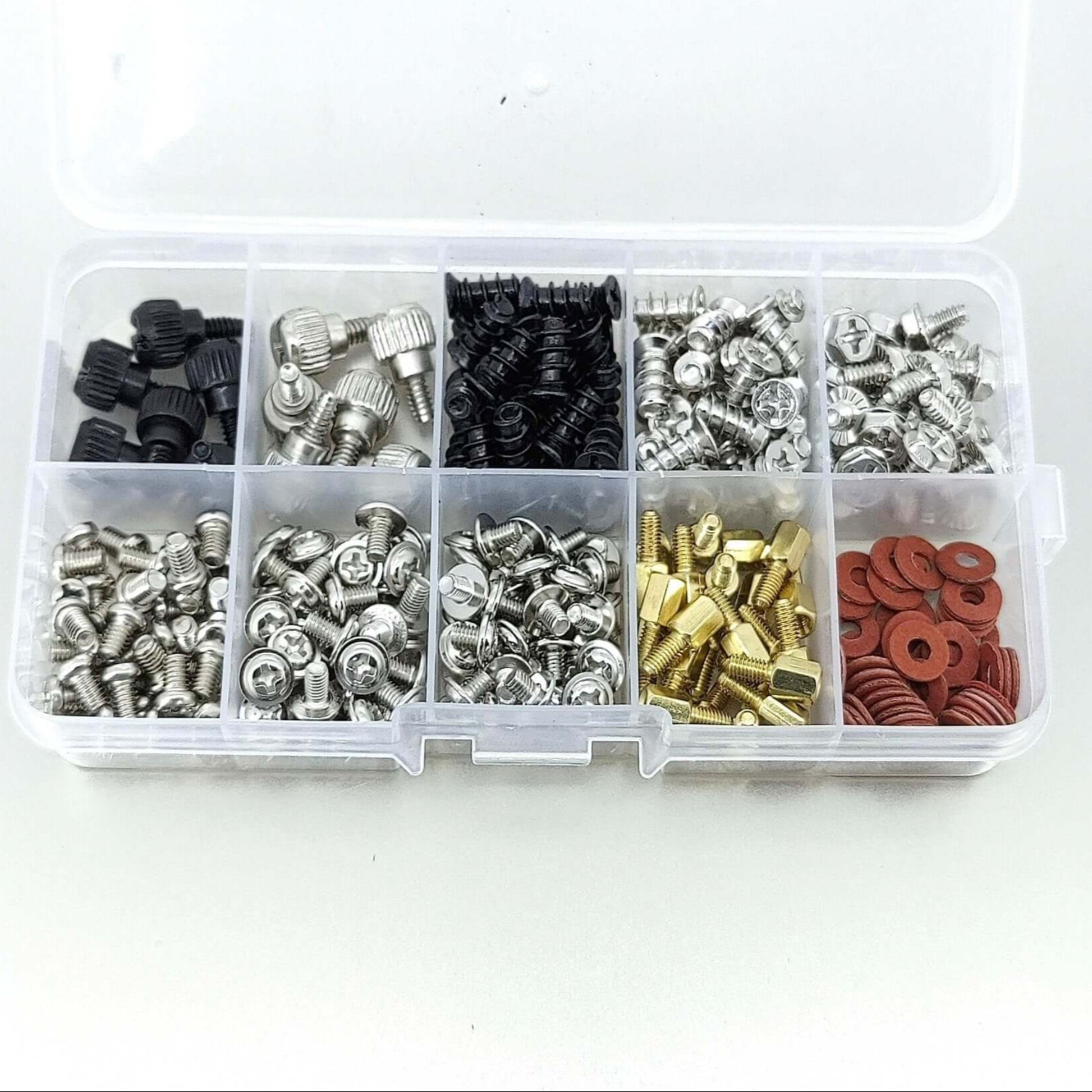 A neatly organized box containing a complete assortment of screws, standoffs, and washers for PC building and repair.