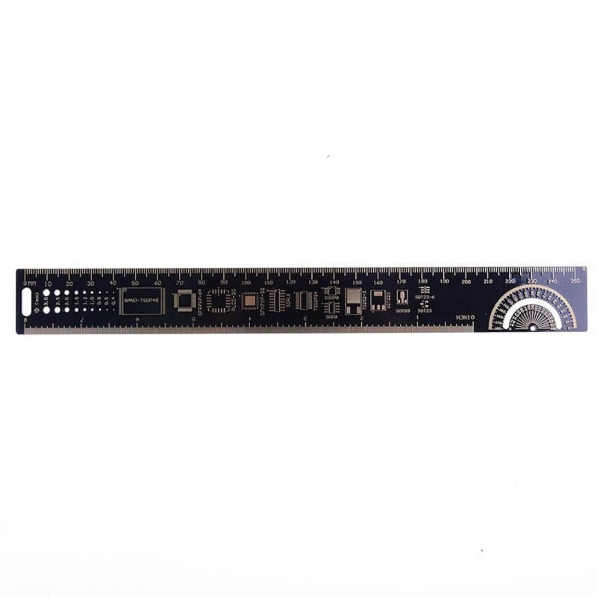 25cm multifunctional PCB ruler measuring tool with millimeter and inch scales, angle gauges, and package references.