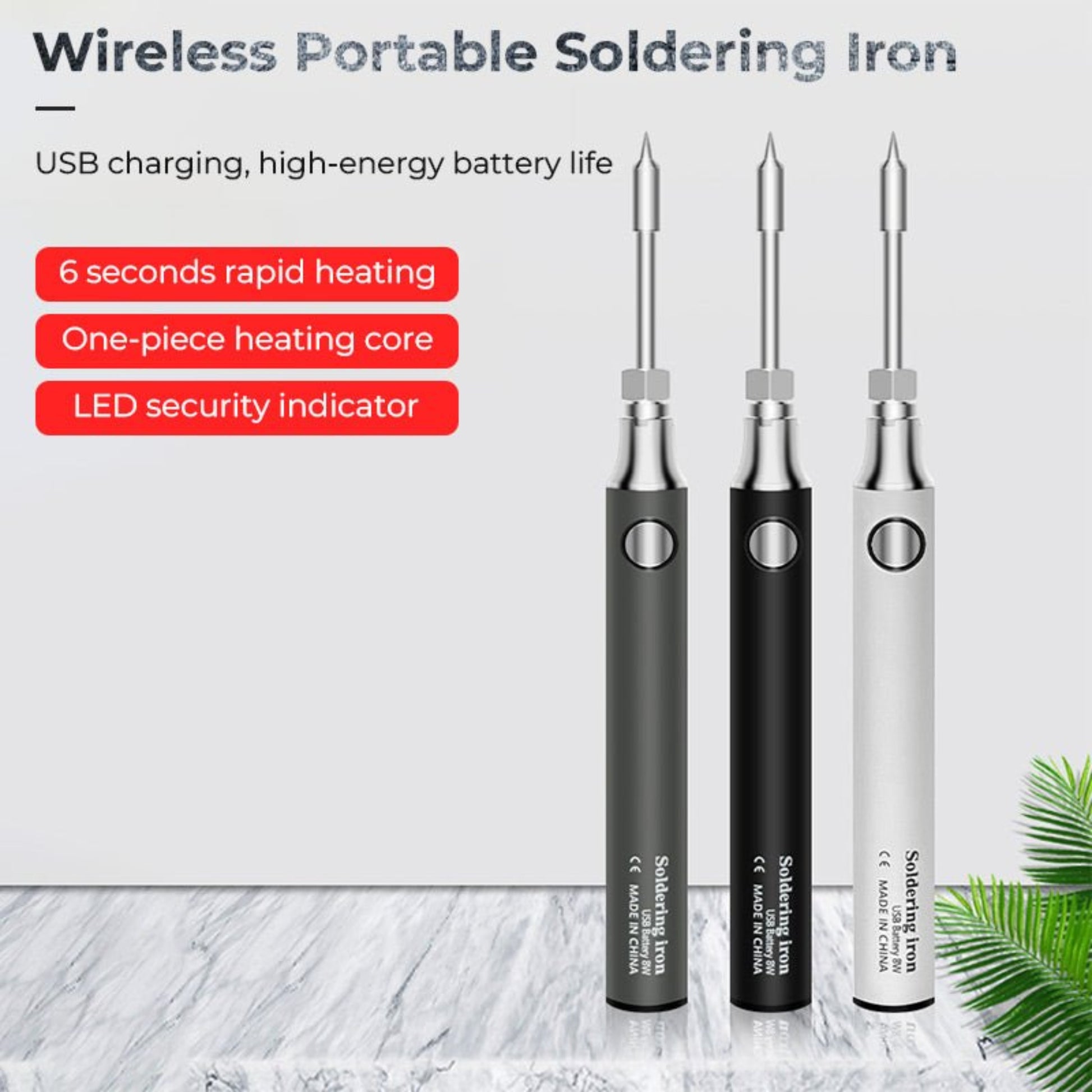 Wireless portable soldering iron set with rapid heating, USB charging, and LED security indicator.