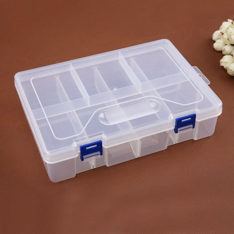 Clear double-layer 8-grid storage box for organizing small parts and jewelry.